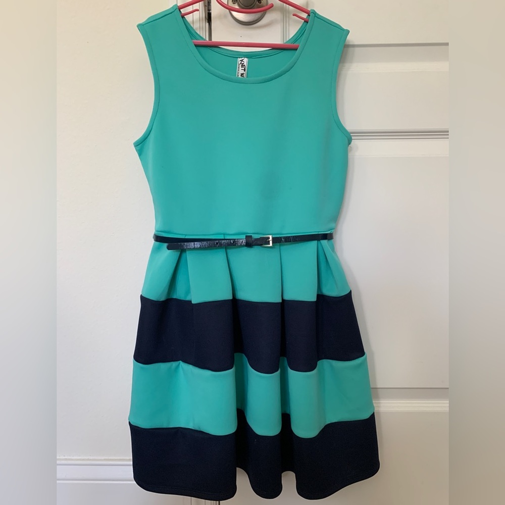 Girls’ Teal and Navy Stripe Party Dress w/ Navy Belt